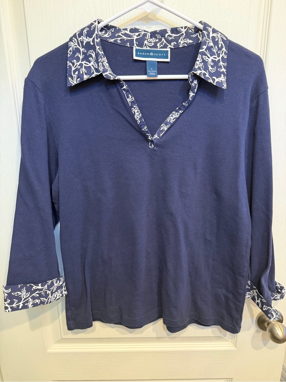 Karen Scott Navy Long-Sleeve Polo with Contrast Printed Collar